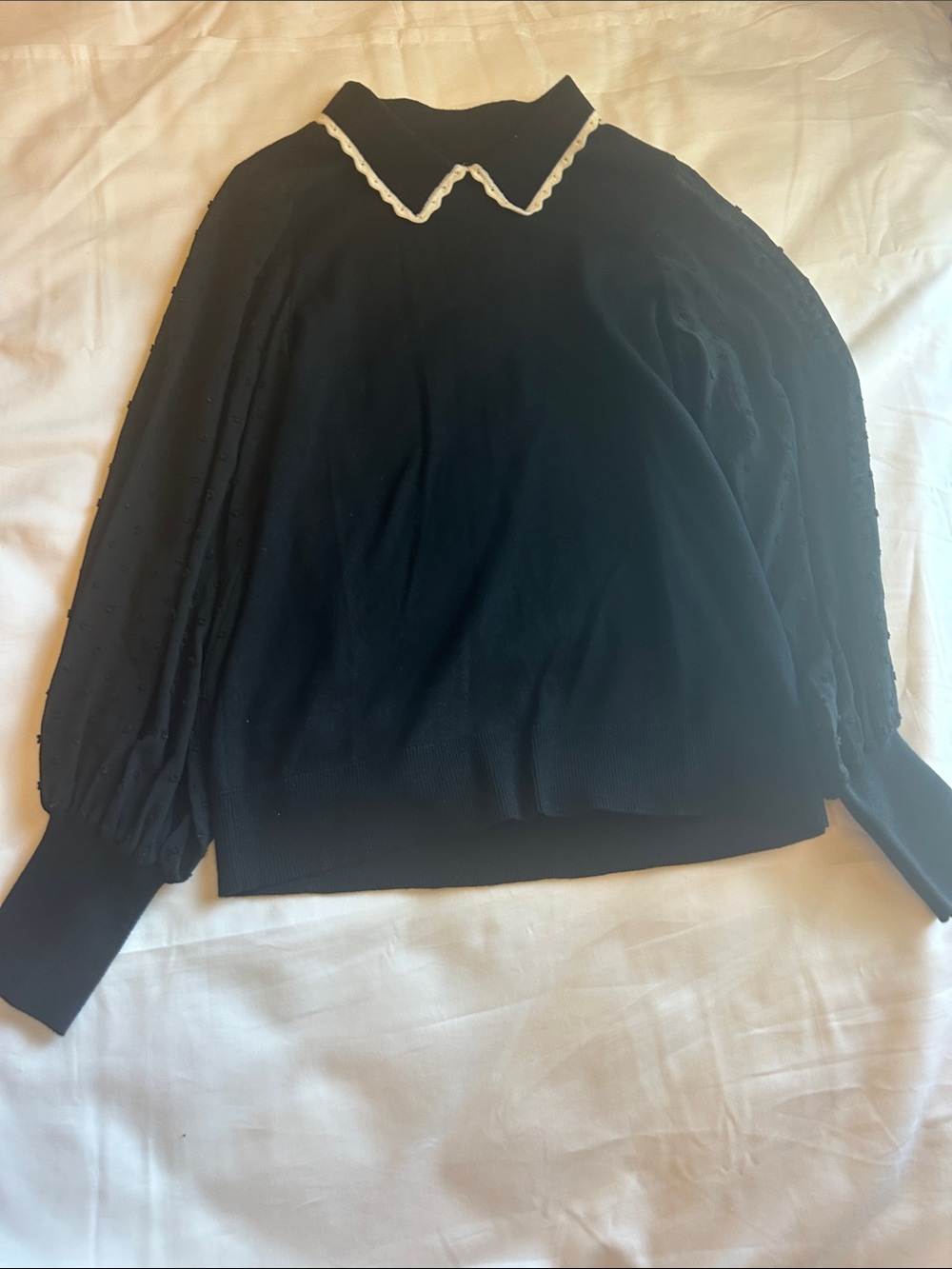 Women's Black Knit Sweater with White Scallop Collar